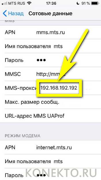 Заполните поля для настройки MMS